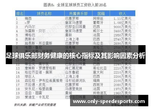 足球俱乐部财务健康的核心指标及其影响因素分析