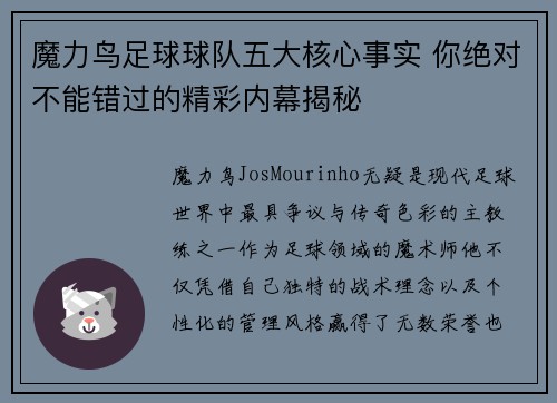 魔力鸟足球球队五大核心事实 你绝对不能错过的精彩内幕揭秘